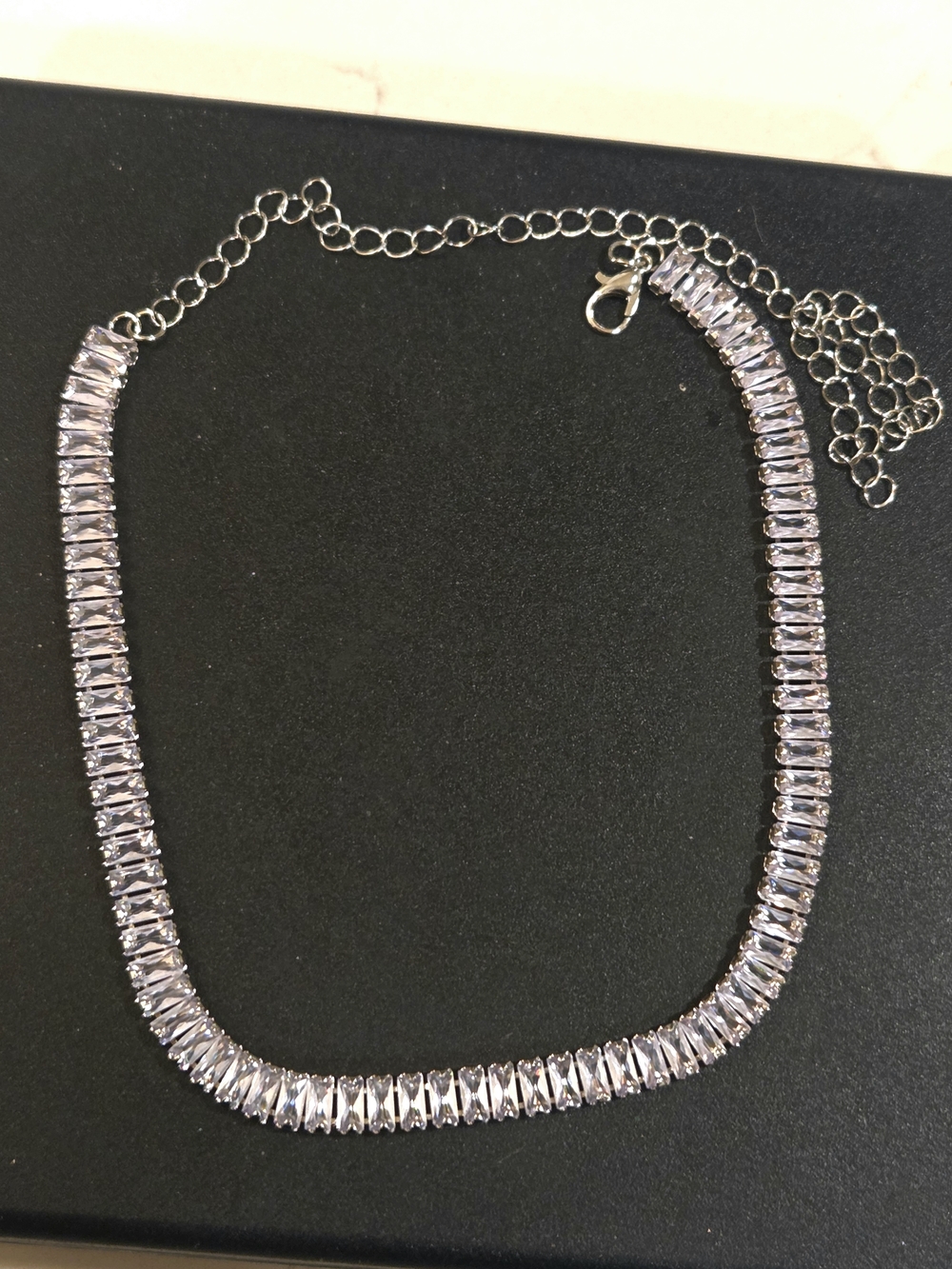 Silver Crystal Baguette Tennis Necklace - Women's Sparkling Jewelry - Picture 6 of 11